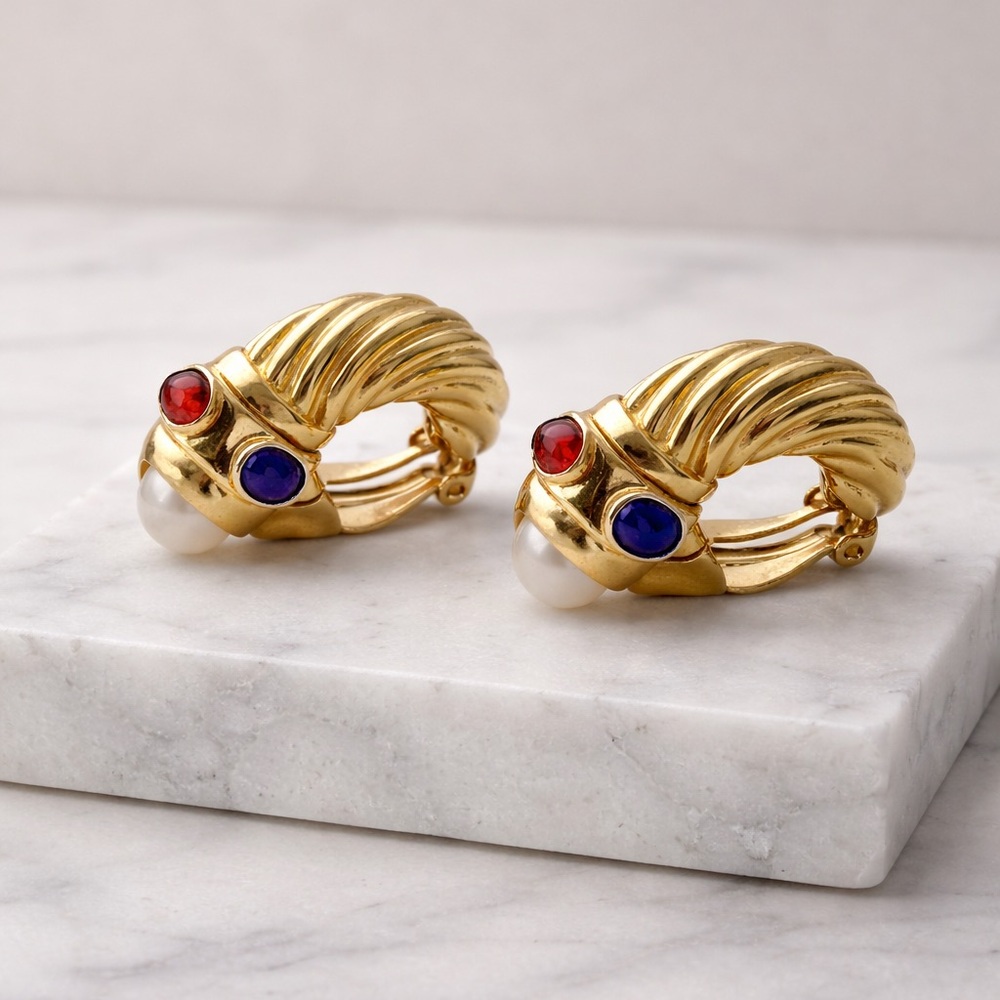 Elegant Gold and Pearl Earrings with Red and Blue Accents
